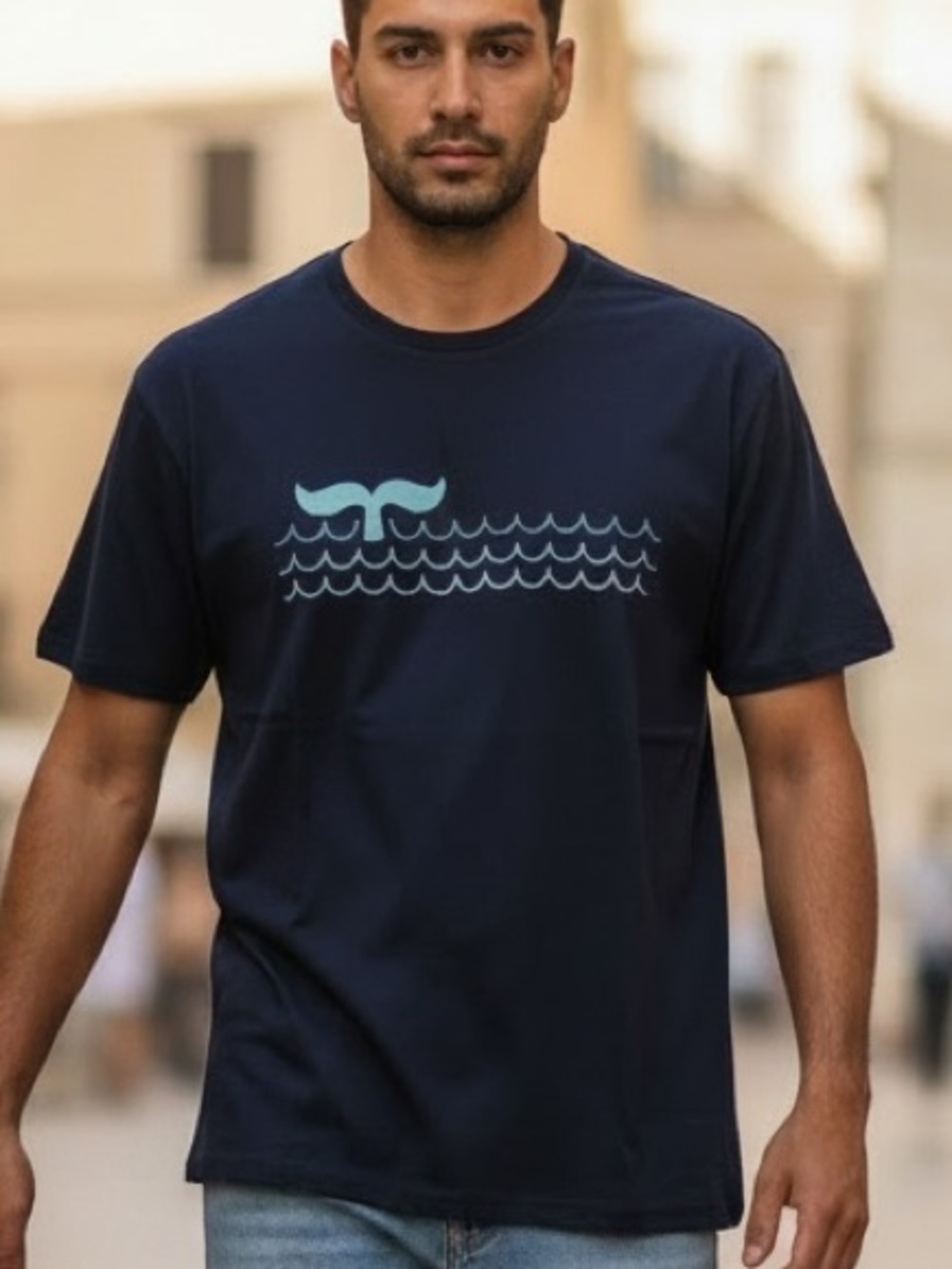 Marine Layer Navy Tee with Aqua Whale Tail Graphic - Size Large